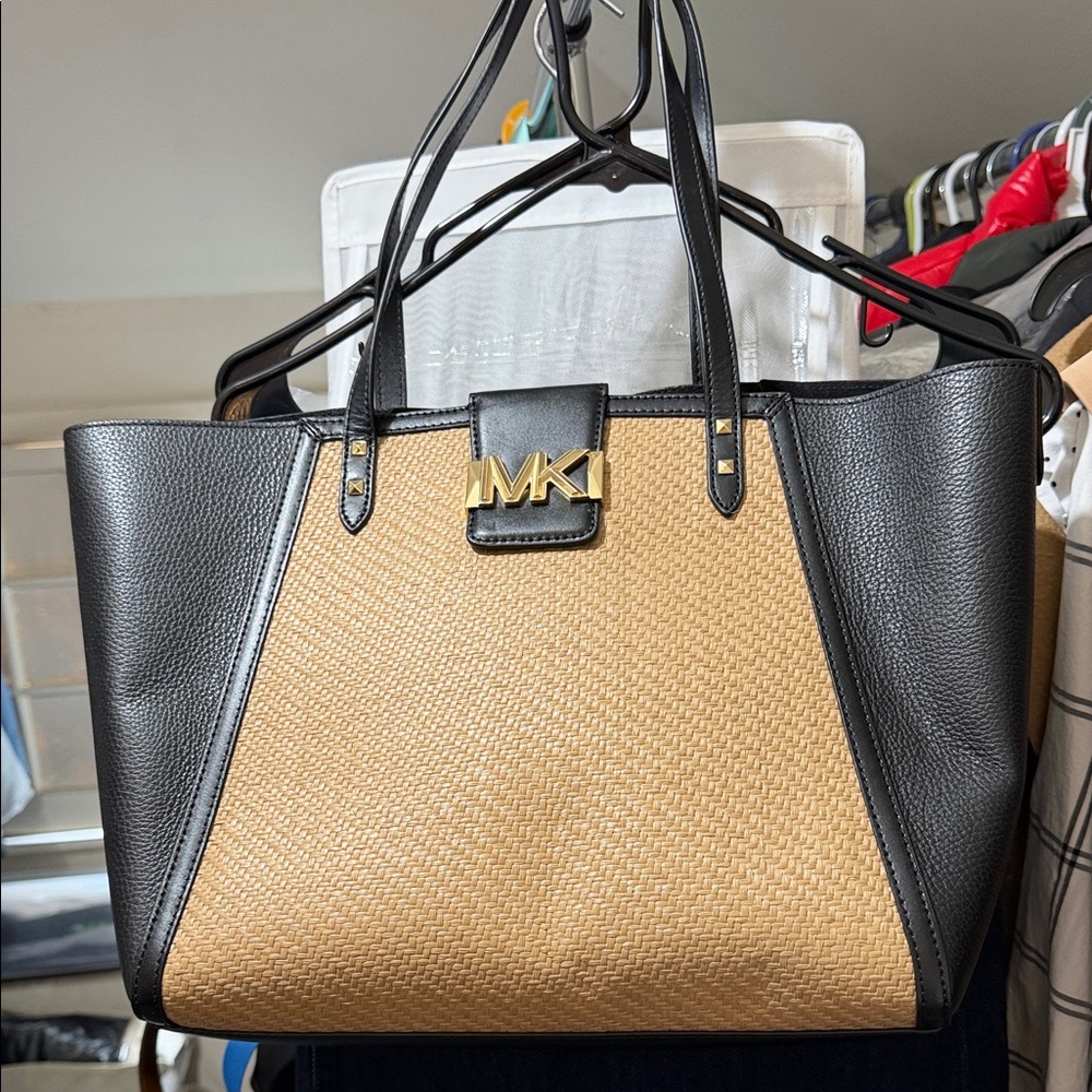 Michael Kors Black & Tan Woven-Front Tote